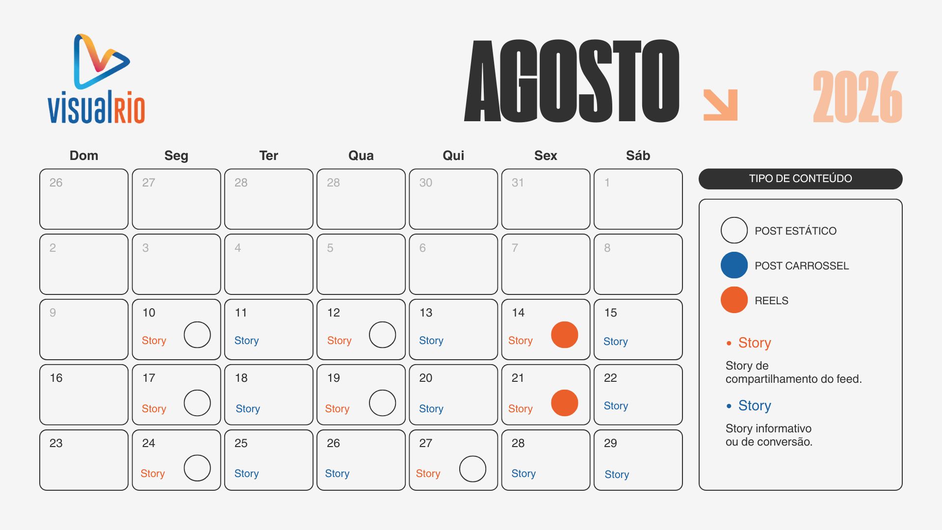 Calendário editorial de agosto de 2026 com posts, reels e stories marcados por dia