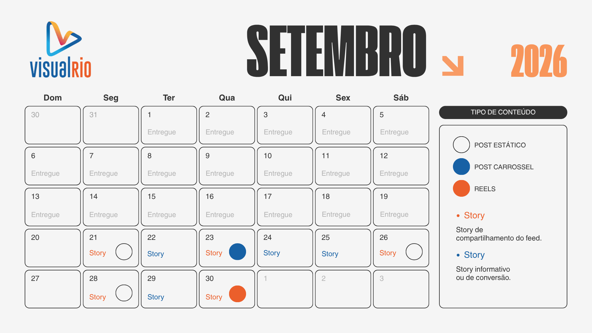 Calendário editorial de setembro de 2026: posts em 21, 26 e 28, carrossel em 23, reel em 30 e stories de 21 a 30